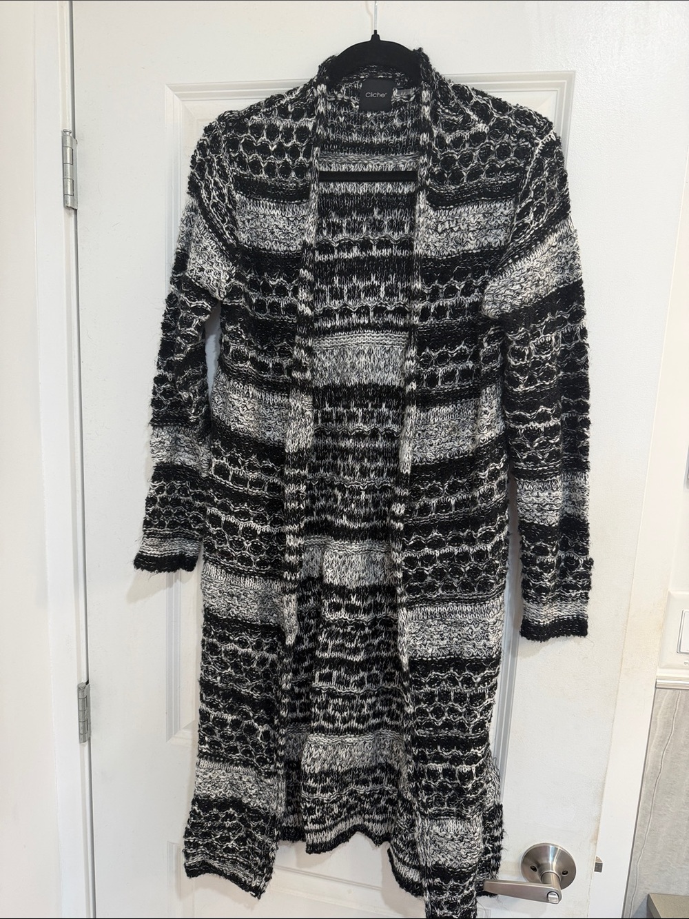 Cozy Open-Front Long Knit Cardigan — Black & Gray